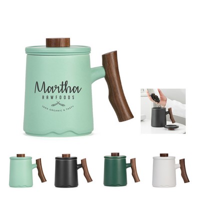 14 oz Wooden Handled Ceramic Beverage Mug with Lid